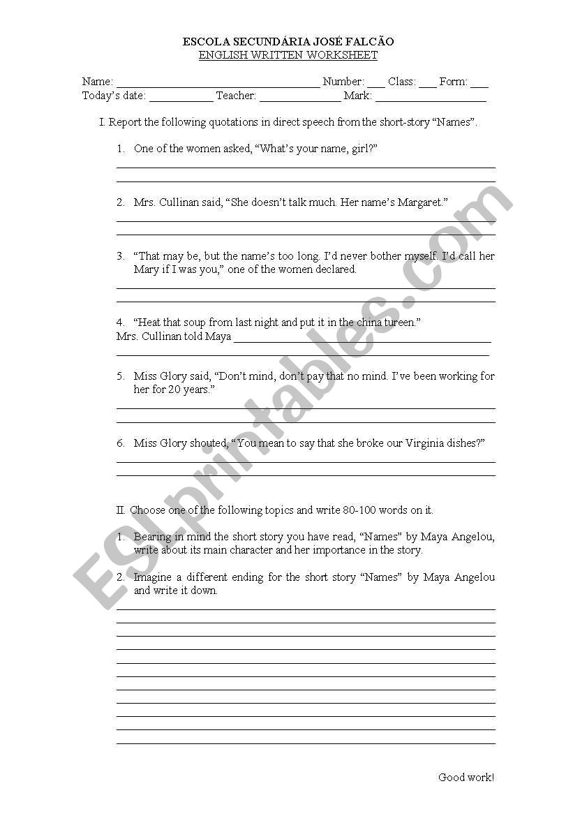 reported speech worksheet