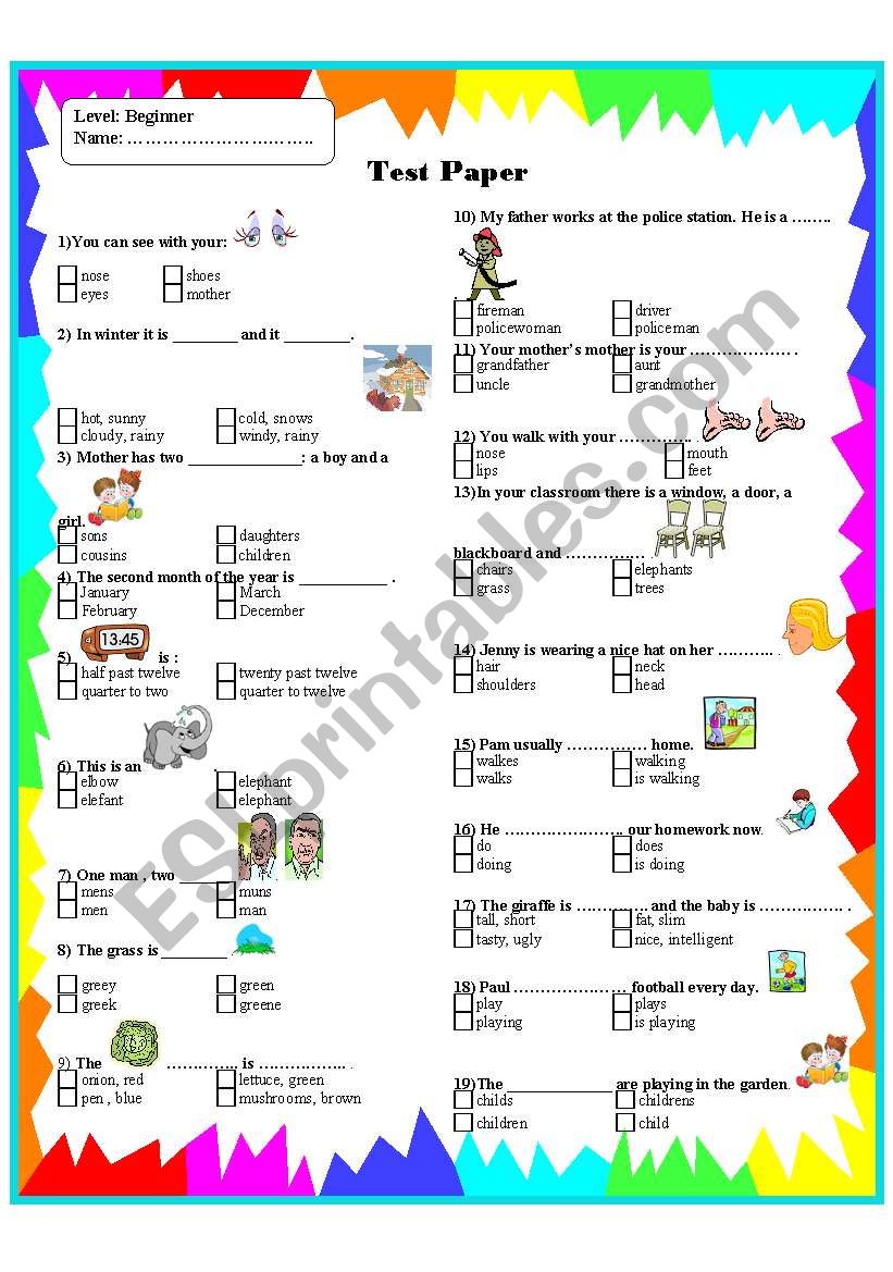 Test for beginners worksheet