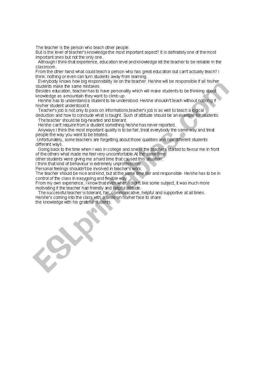  Which qualities do you think are important (apart from the ones in unit 1.4) for a successful teacher? Give reasons for your answer and explain by giving examples from your own experience - e.g. a former teacher of yours. Write about 150 words. 