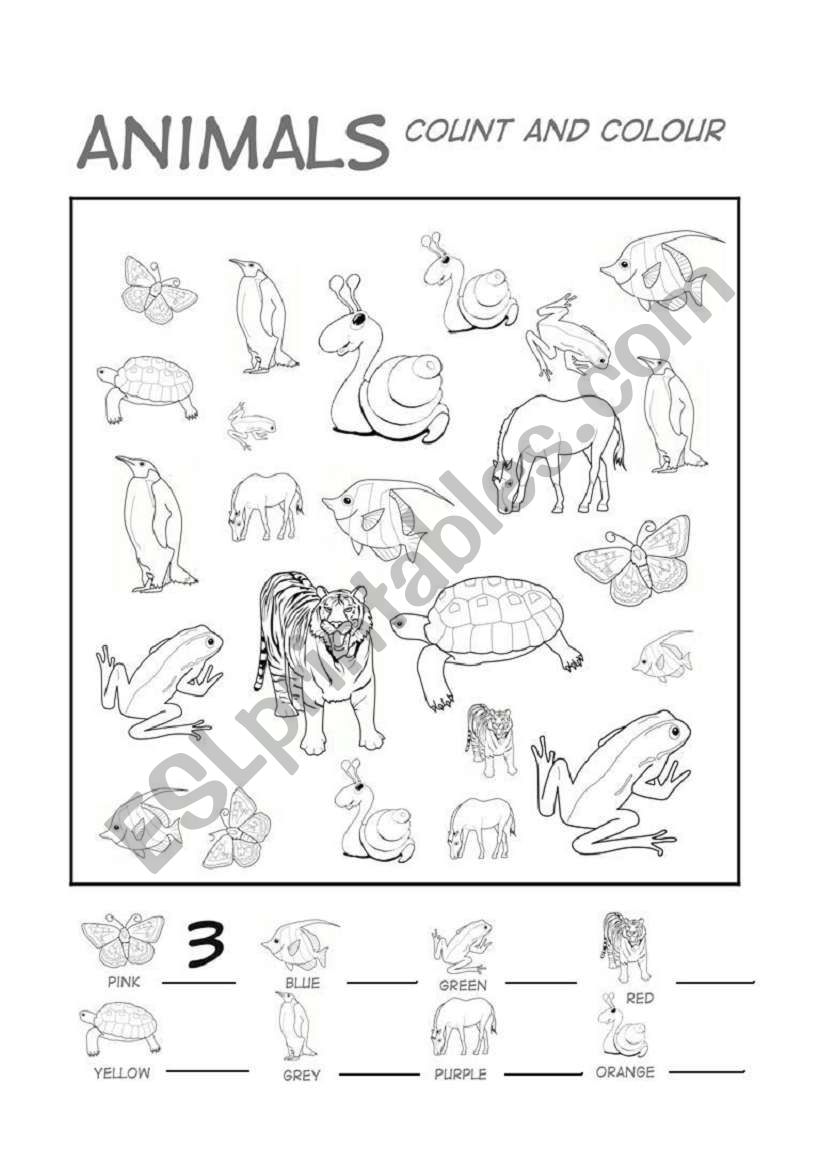 Animals: count and colour worksheet