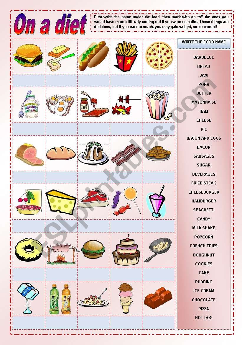 On a diet - pictionary on food with tasks for elementary and suggested activities for high intermediate 