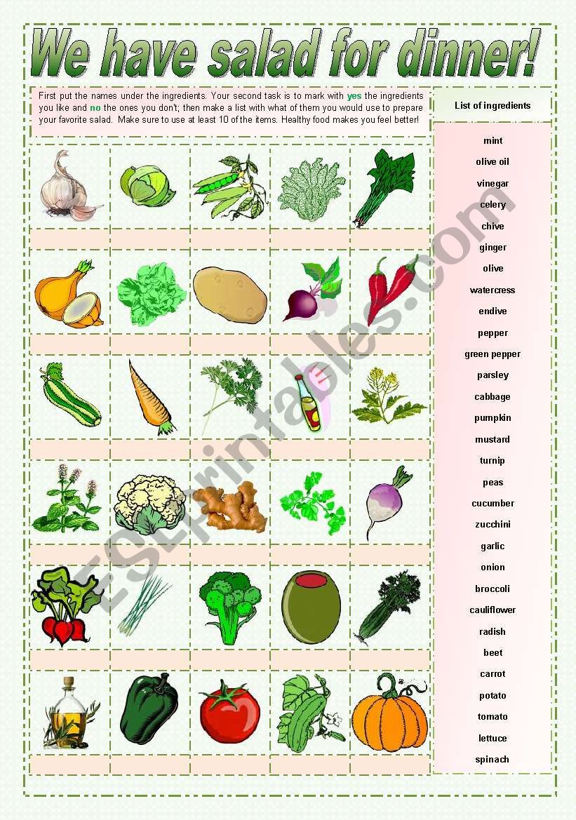 We have salad for dinner! - pictionary and tasks for elementary, keys and suggested tasks for high intermediate and low advanced