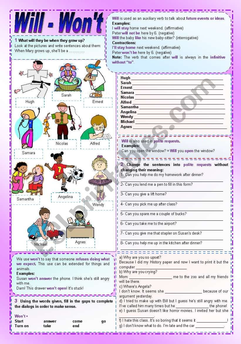 Will - Won´t - Grammar guide and exercises - ESL worksheet by zailda