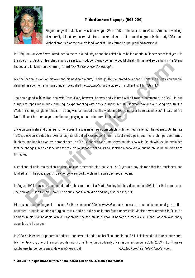 Michael Jackson´s Biography - ESL worksheet by majis