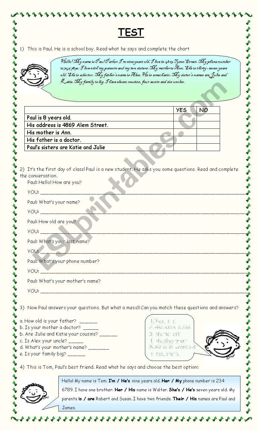 Test for elementary students worksheet