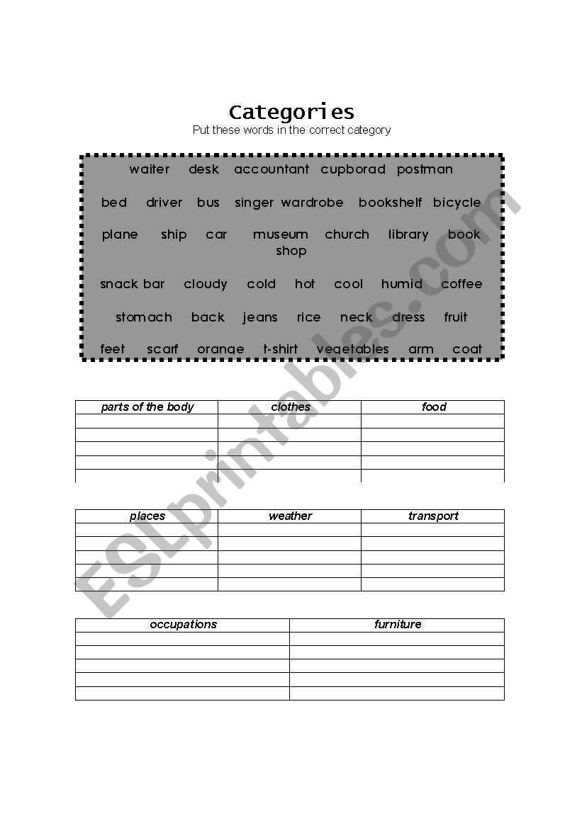 word categories worksheet