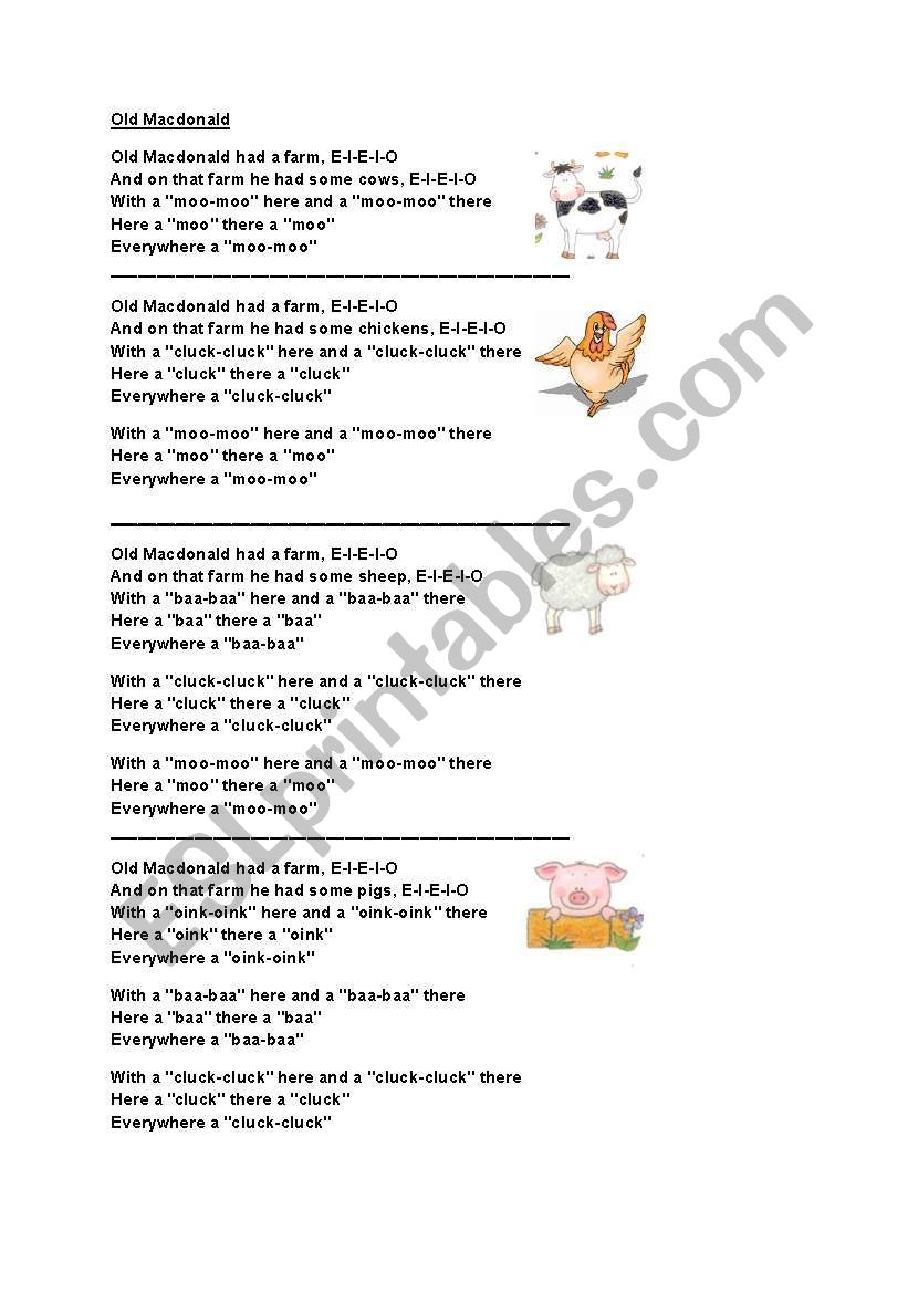 Old Macdonald Lyrics worksheet