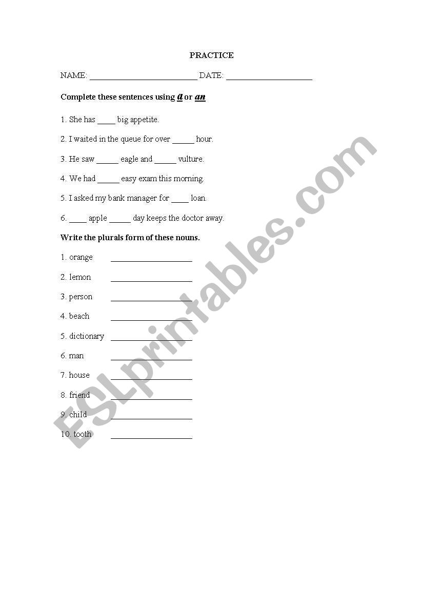 English Worksheets Articles And Nouns Practice