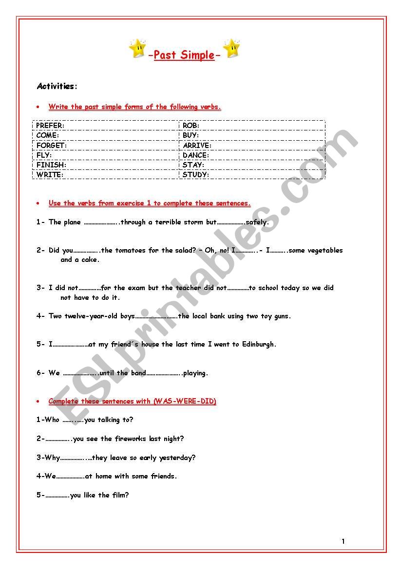 Past Simple WorkSheet worksheet