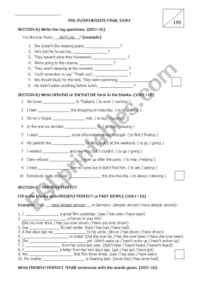 Multi-Grammar Exam worksheet