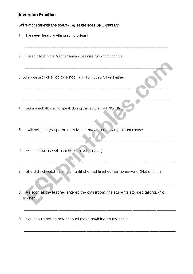 Inversion (Part  2) worksheet