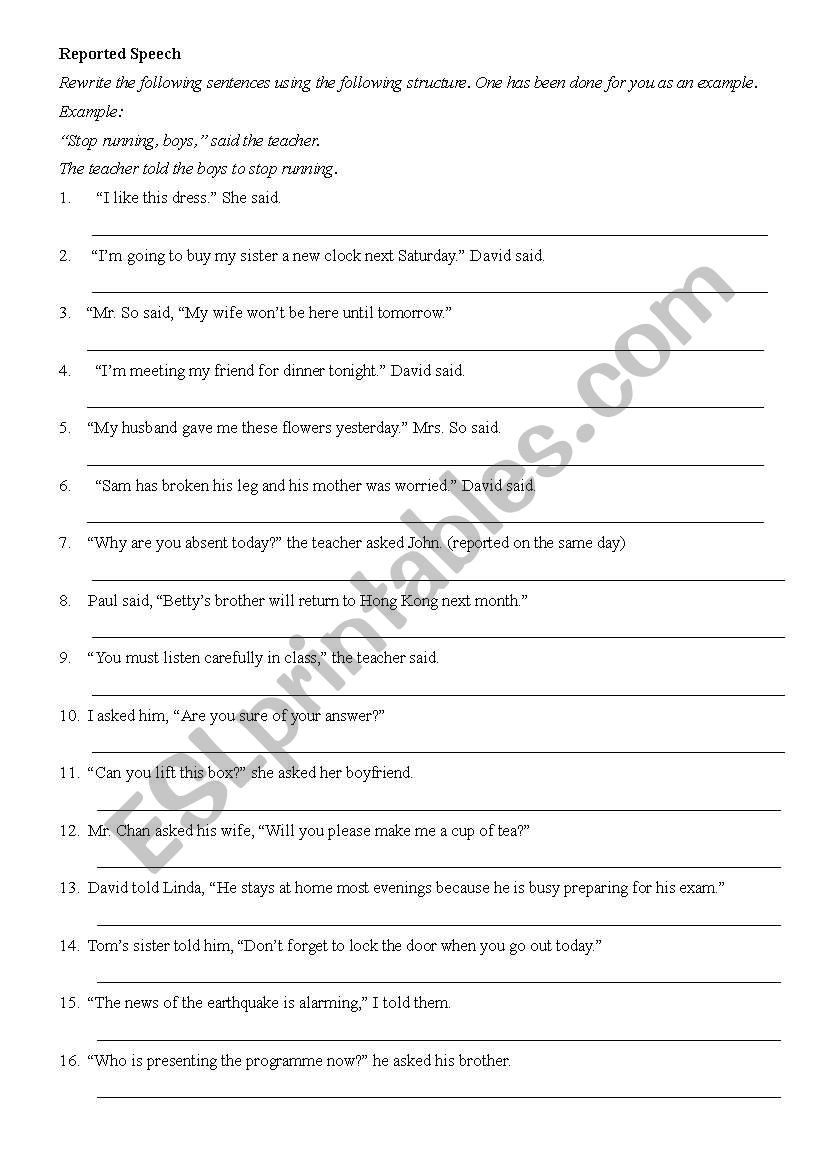 Reported Speech worksheet