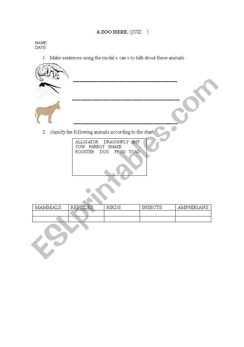 QUIZ ABOUT ANIMALS worksheet