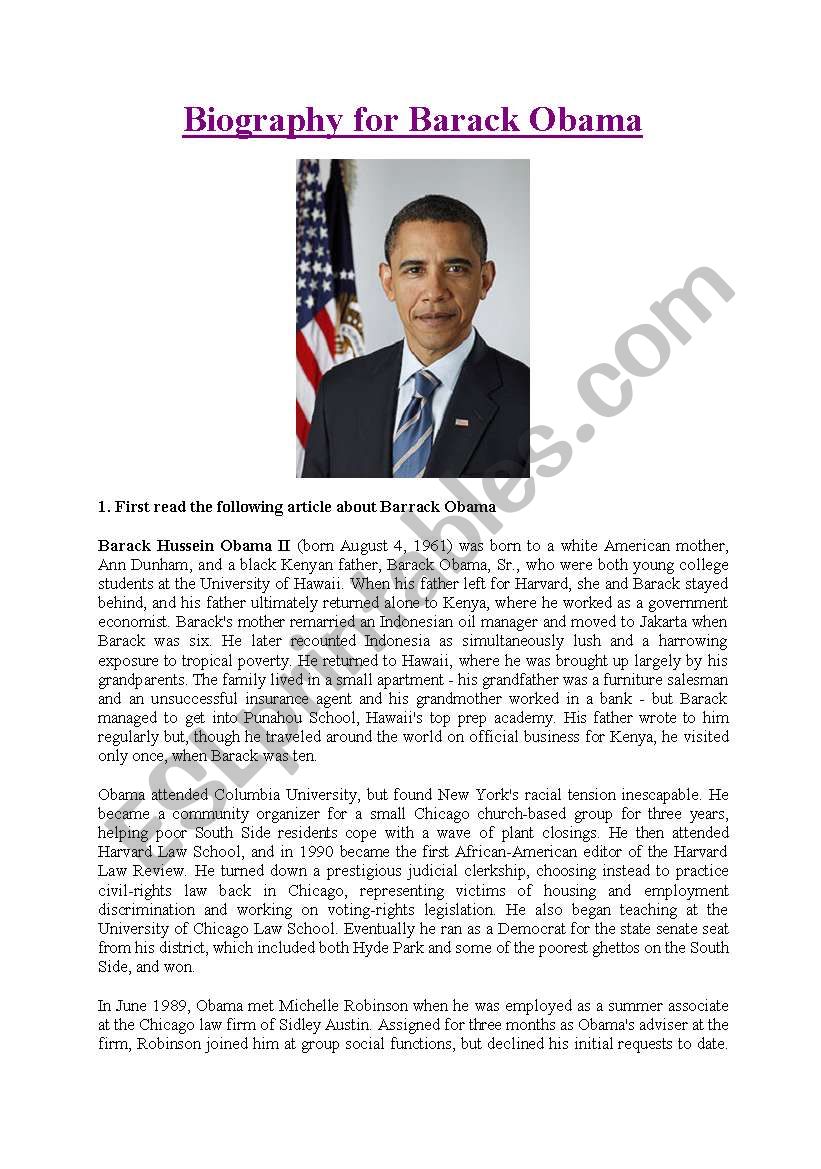 Biography for Barack Obama worksheet