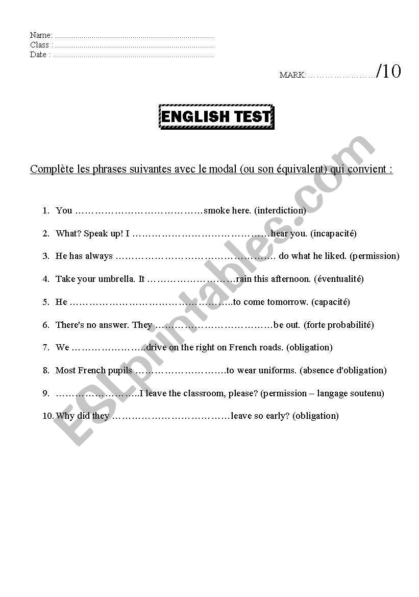 modal test worksheet