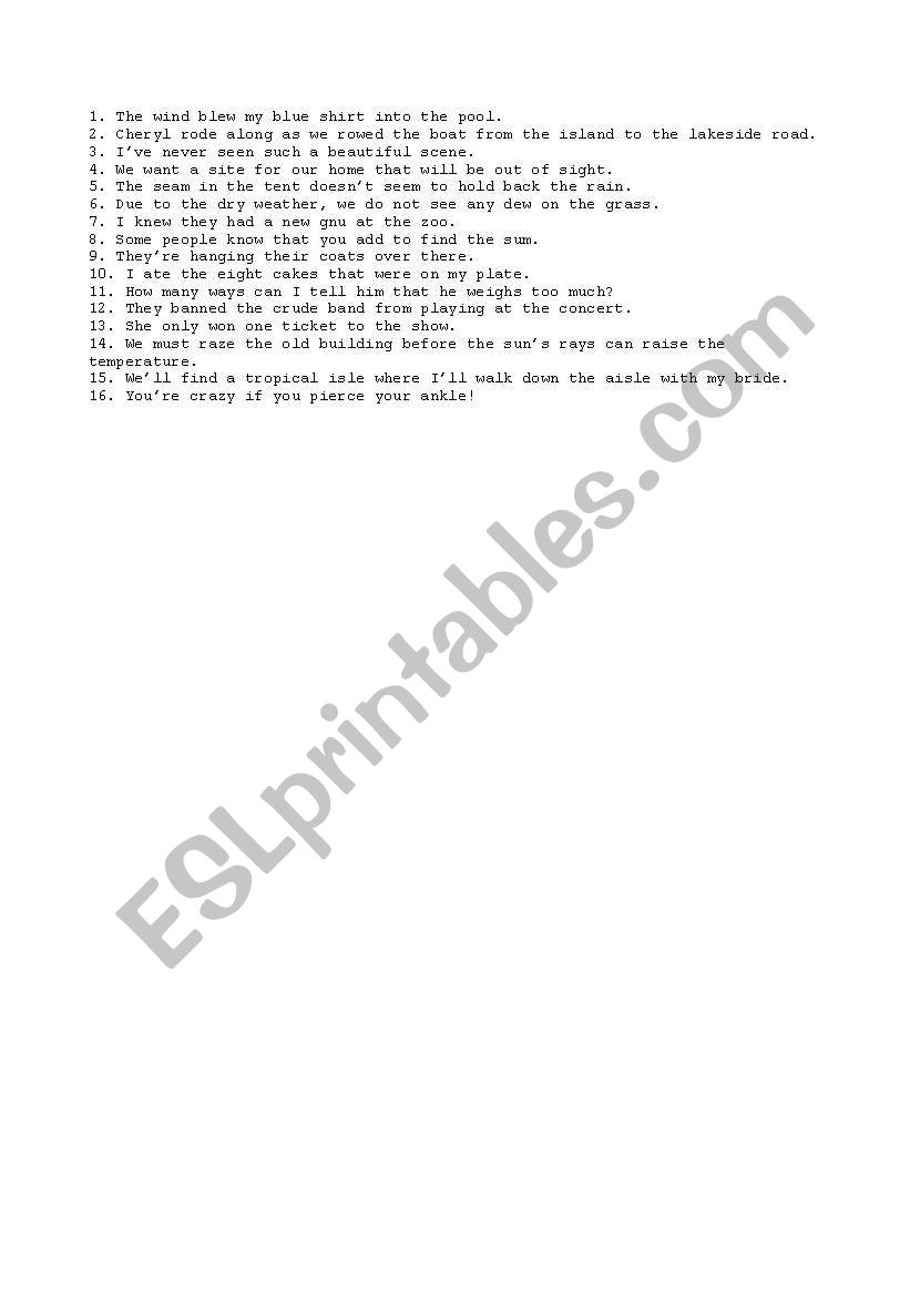 homophones worksheet