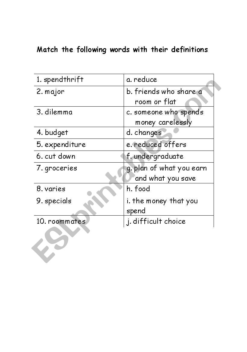 vocab -money worksheet