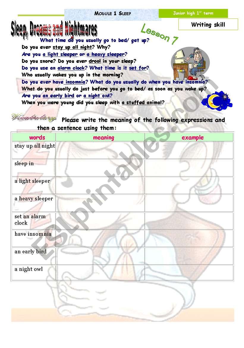 sleep , dreams, nightmares worksheet