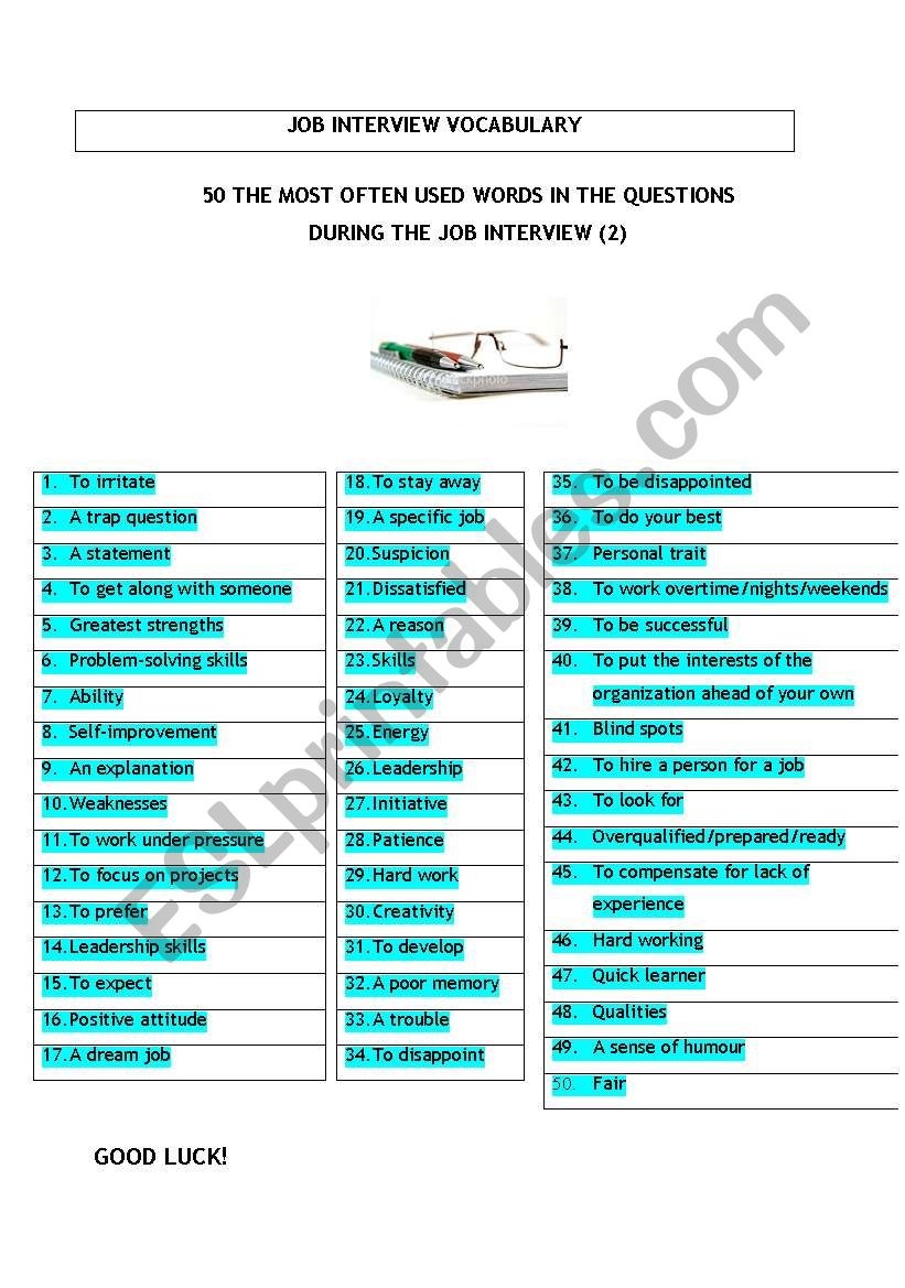 job interview vocabulary worksheet