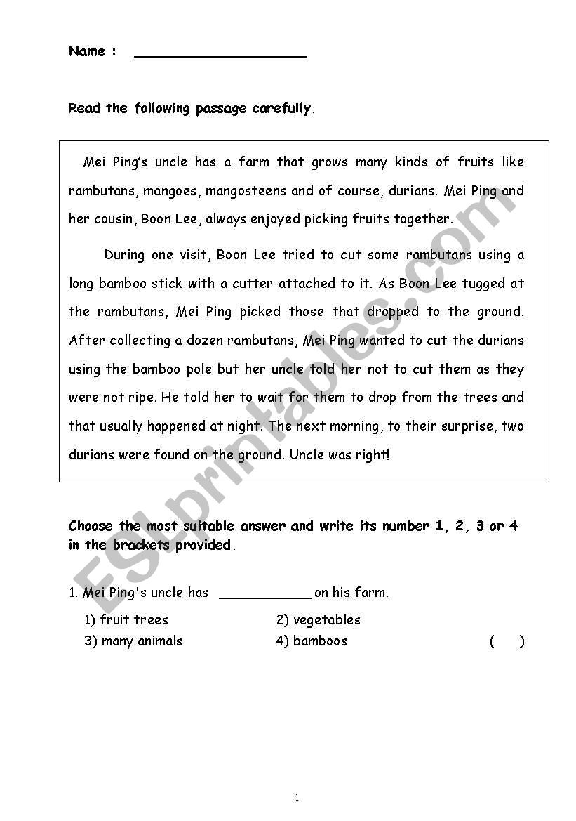 Another Comprehension Test worksheet