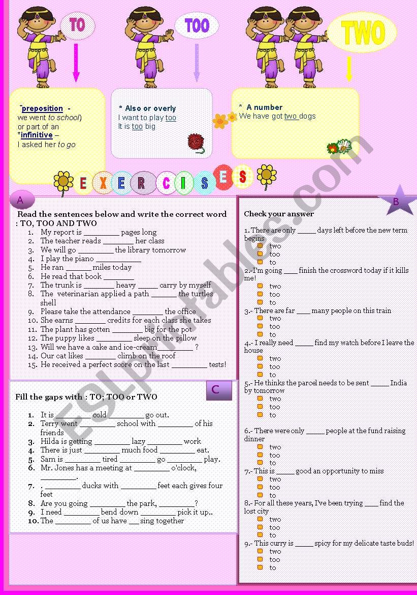 HOMONYMS: TO, TOO AND TWO worksheet