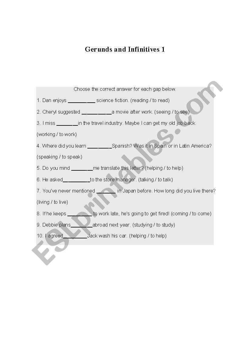 Gerunds and Infinitive exercise