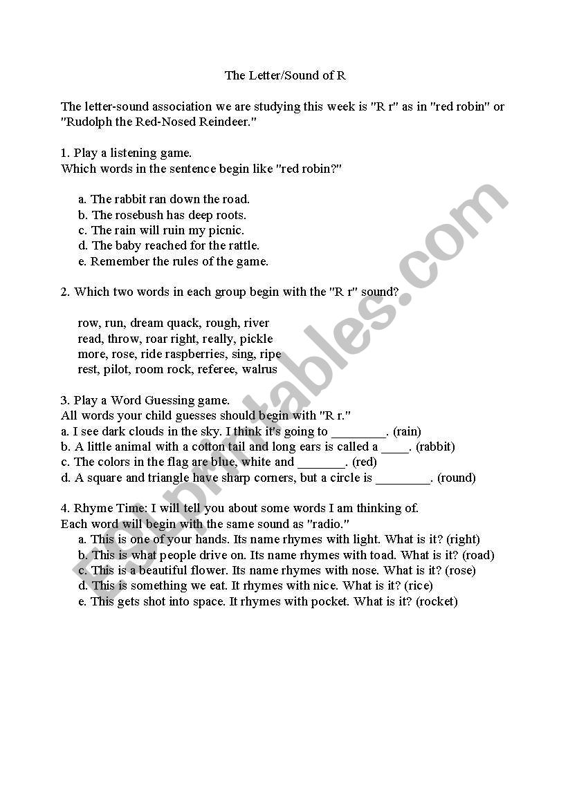 The R sound worksheet