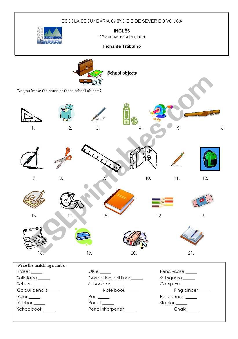 School objects worksheet