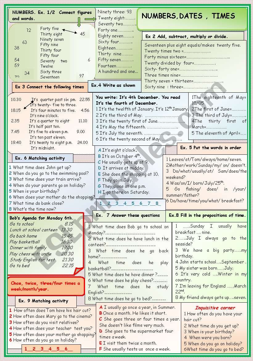 Numbers, dates and times worksheet