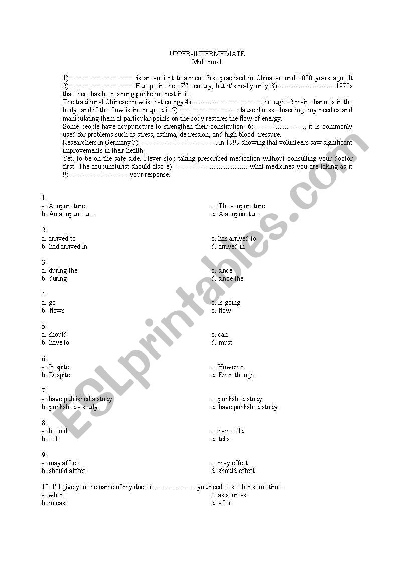 Upper Intermediate test worksheet