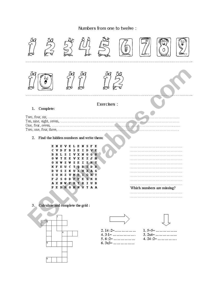 Numbers from 1 to 12 worksheet