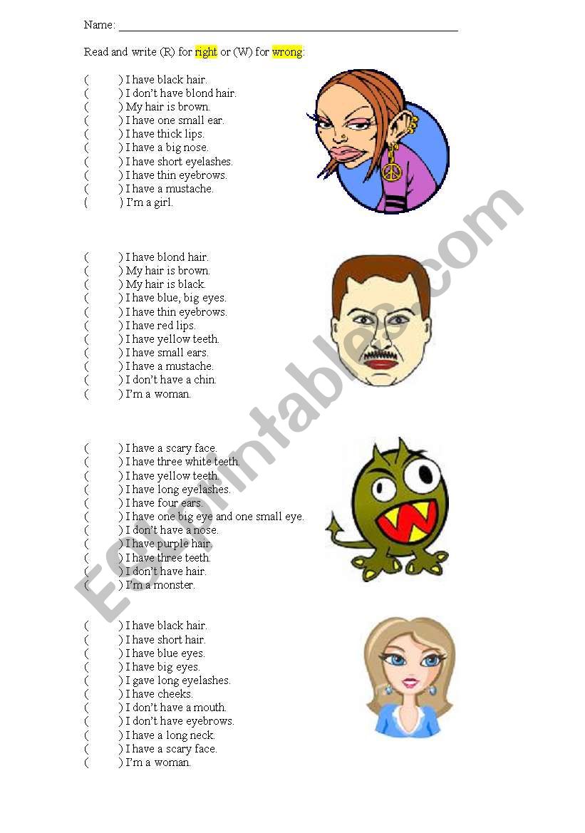 Parts of the face worksheet