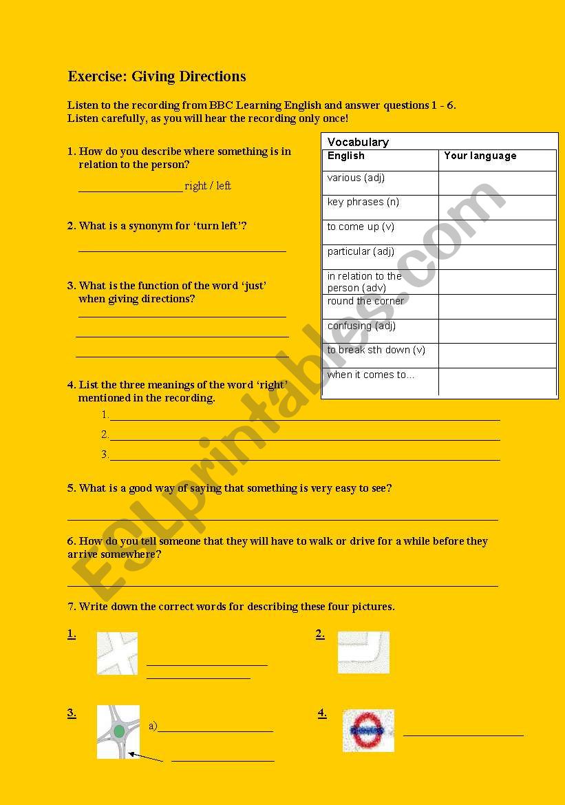 Giving Directions Worksheet worksheet