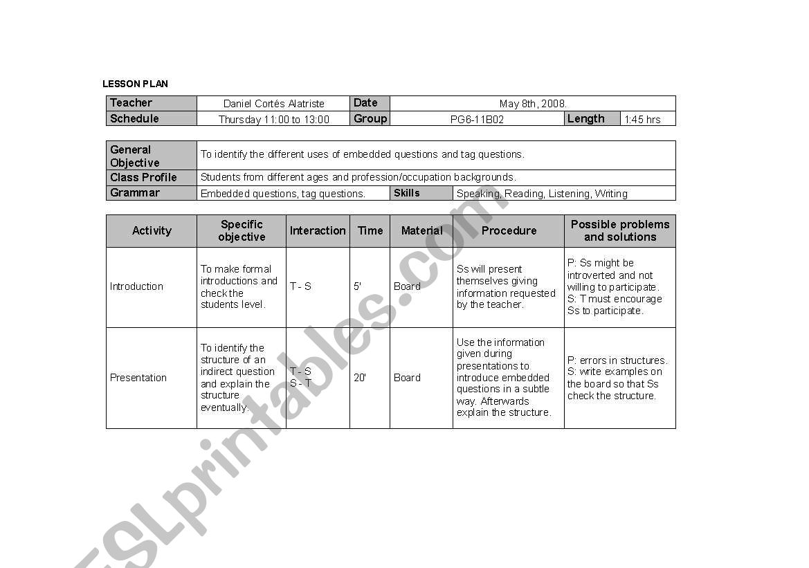 Lesson plan (first class) worksheet