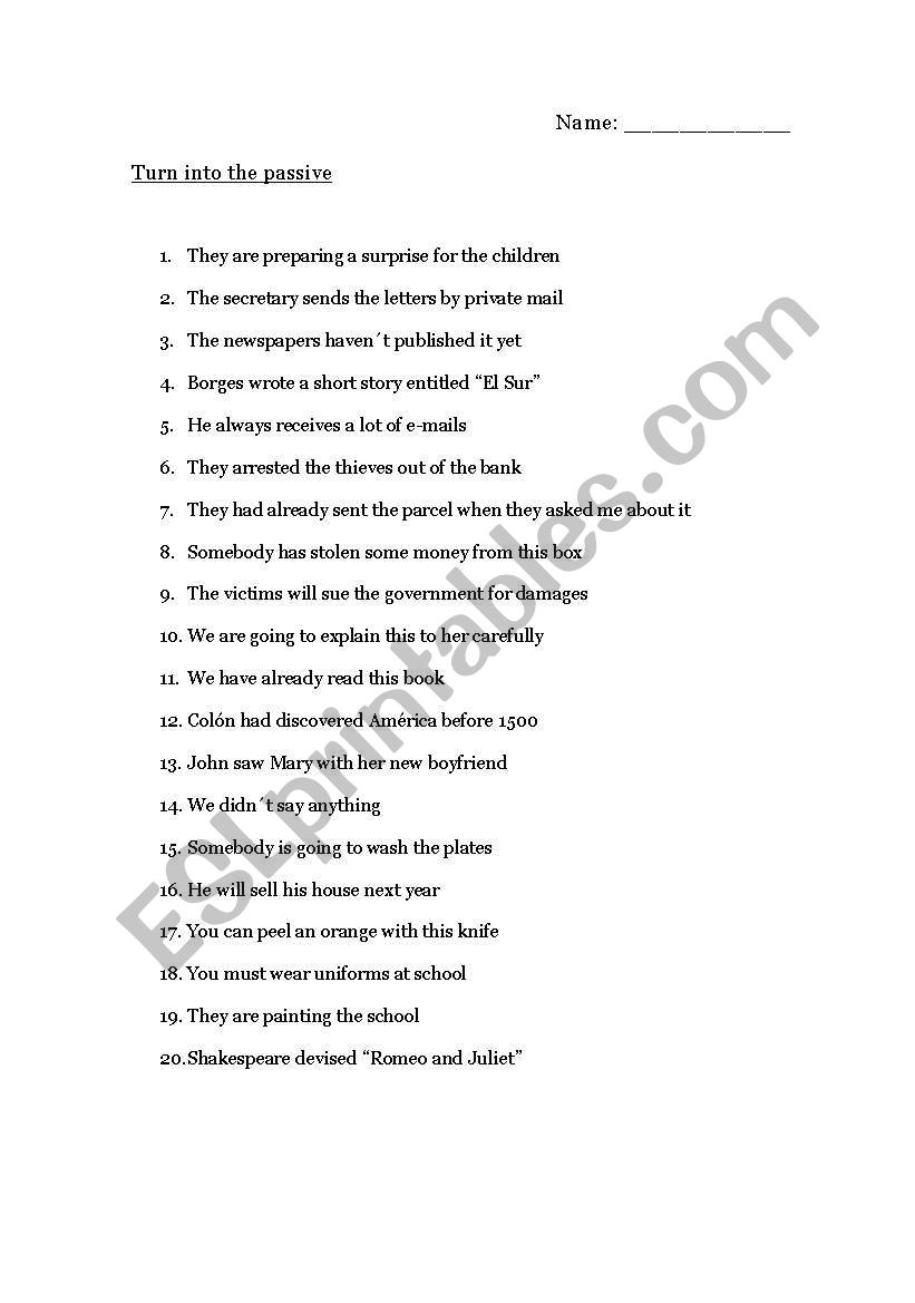 Passive voice: sentences worksheet