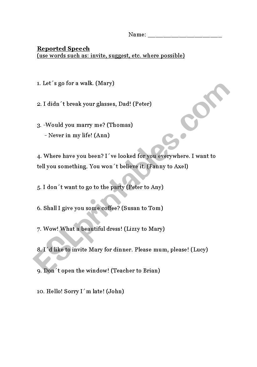 Reported speech: sentences worksheet