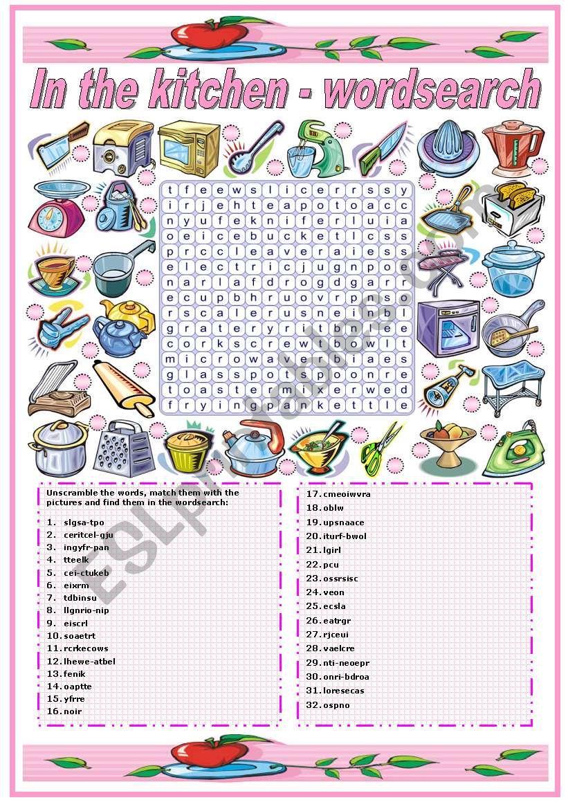 IN THE KITCHEN - UTENSILS AND APPLIANCES- WORDSEARCH (B&W VERSION INCLUDED)