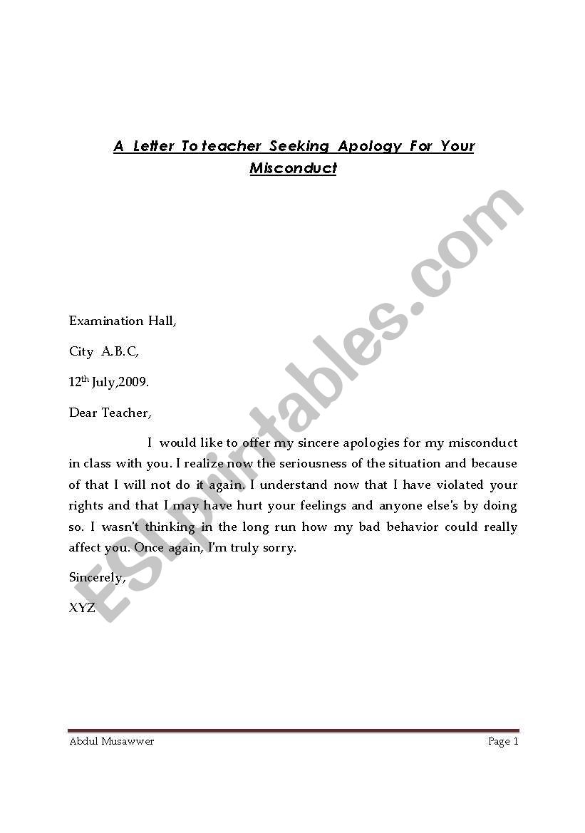 Apology Letter To A teacher worksheet