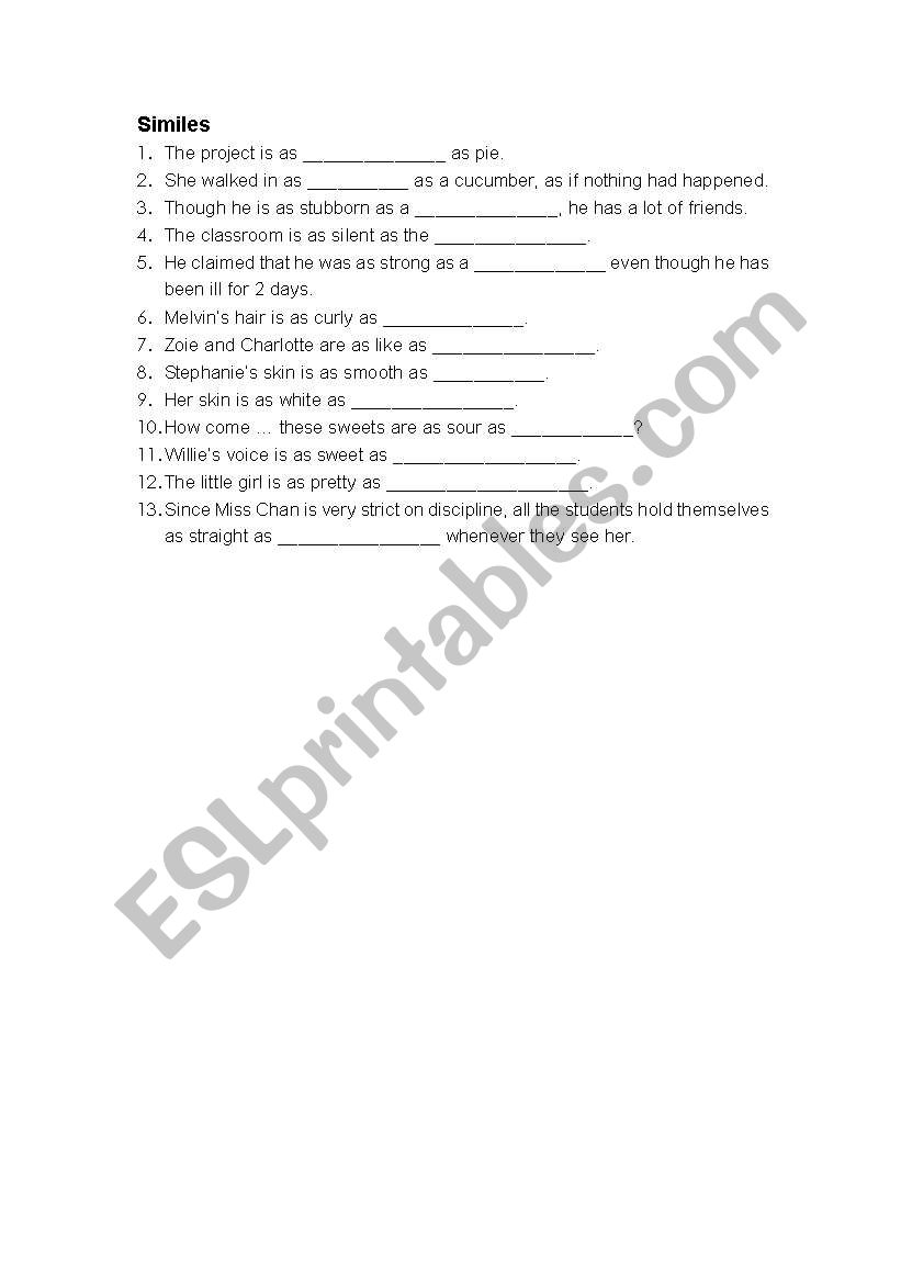 Similes worksheet