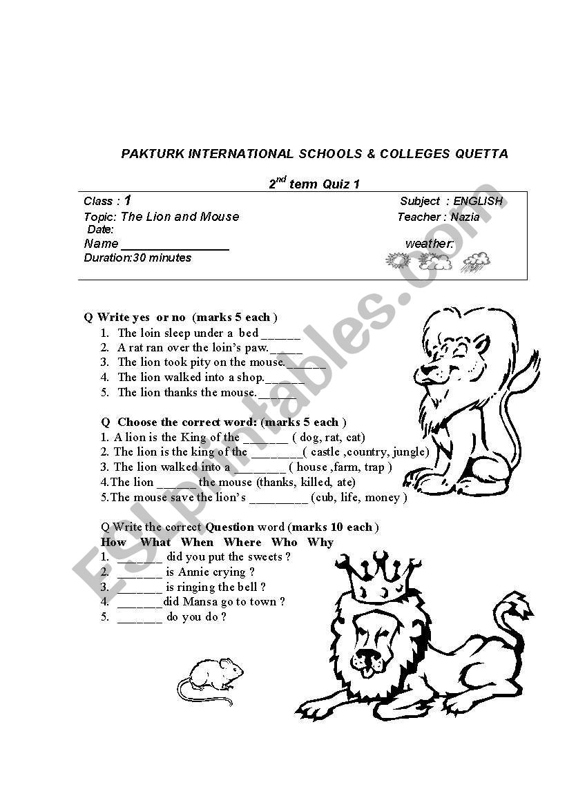 mouse and loin stroy worksheet