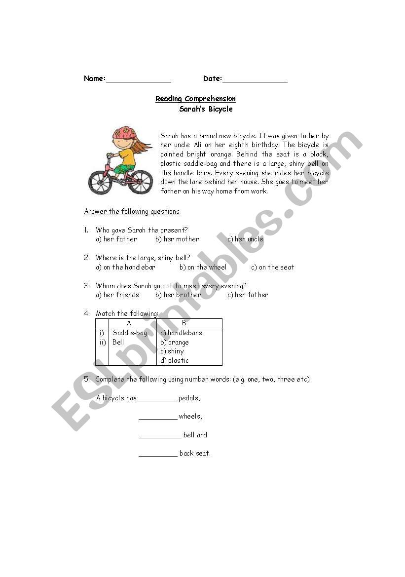 SarahÂ´s bicycle- Reading comprehension