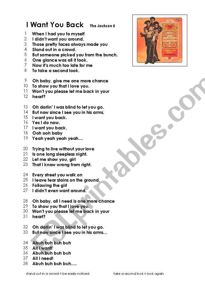 English Worksheets Song Jackson 5 S I Want You Back Verbs English Worksheets Song Jackson 5 S I Want You Back Verbs