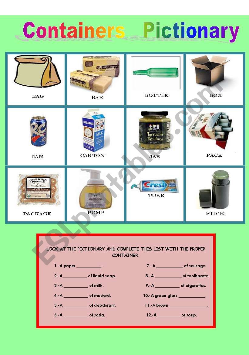 CONTAINERS PICTIONARY worksheet