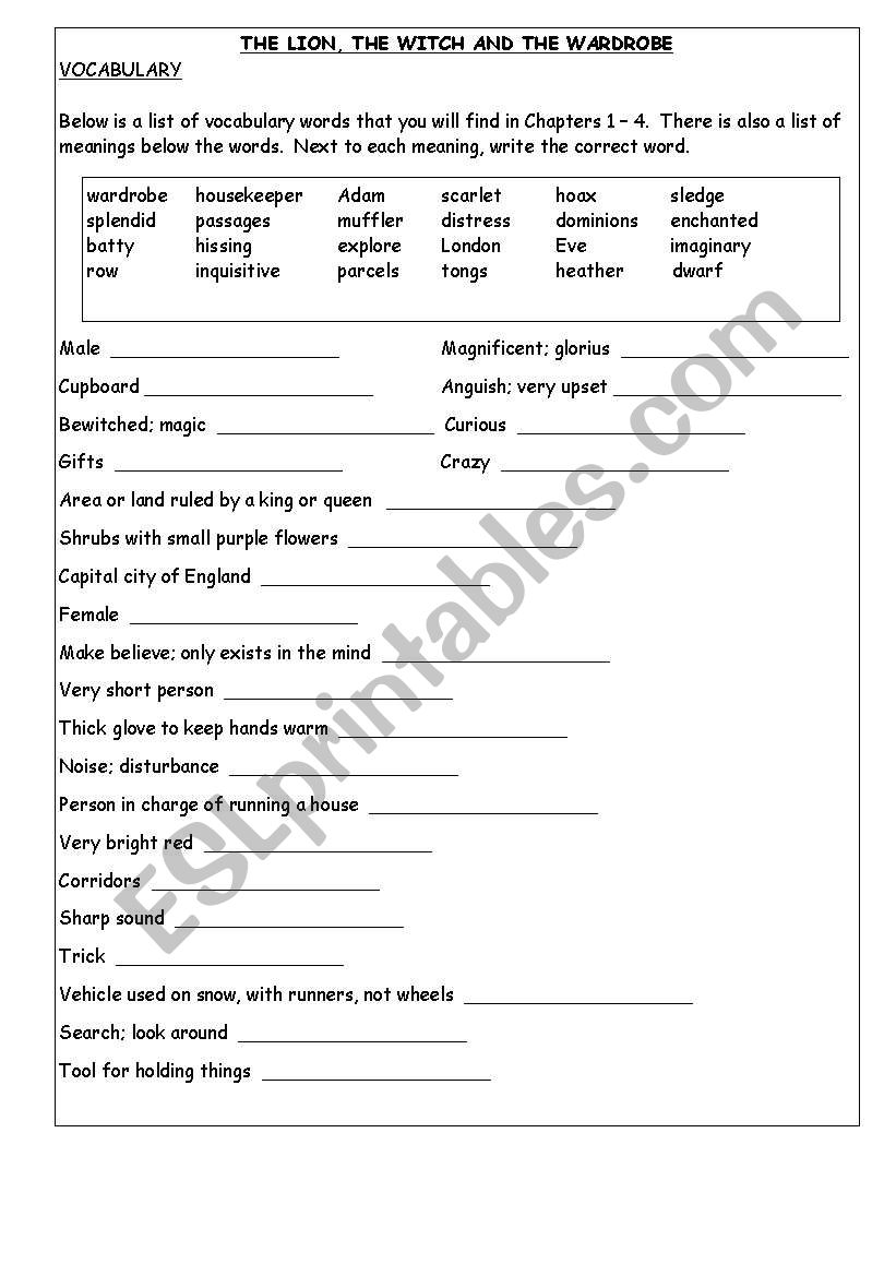 Narnia - vocabulary worksheet