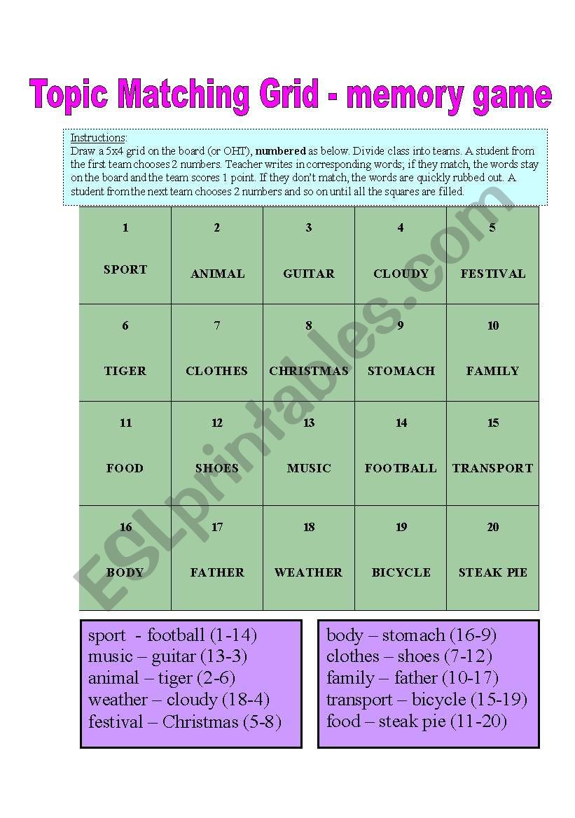 Memory game: matching topics and associated words - ESL worksheet by almaz