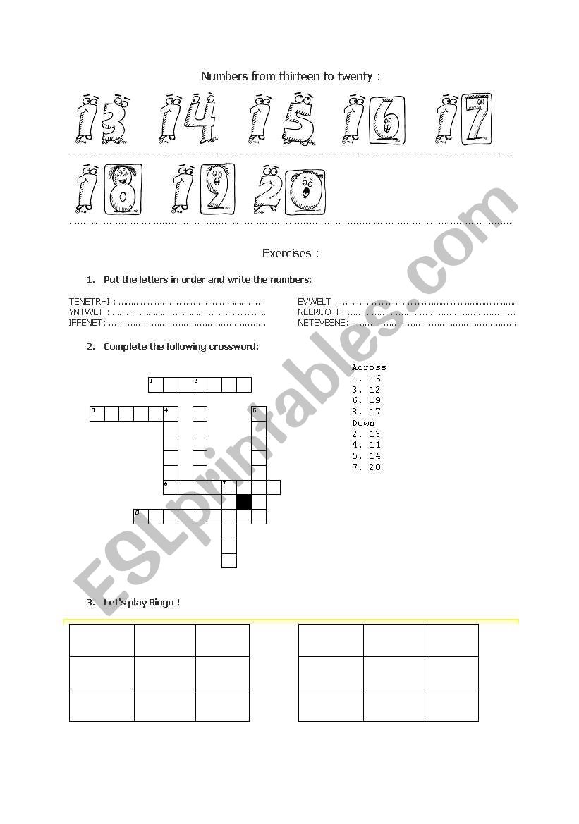 Numbers from 13 to 20 worksheet