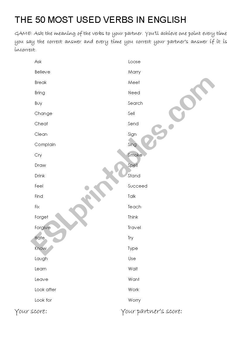 THE 50 MOST USED VERBS IN ENGLISH GAME!