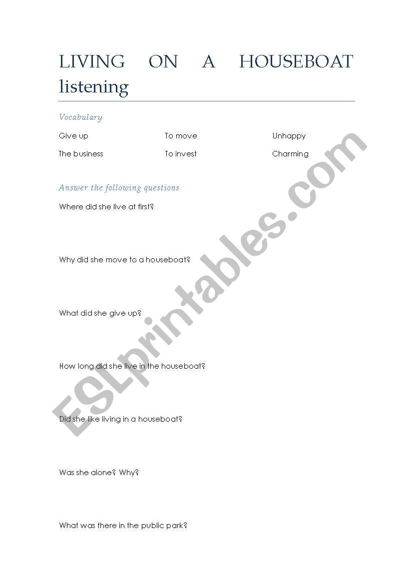 LIVING ON A HOUSEBOAT worksheet