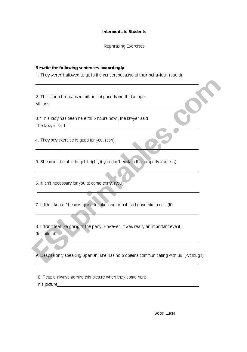 Rephrasing exercise worksheet