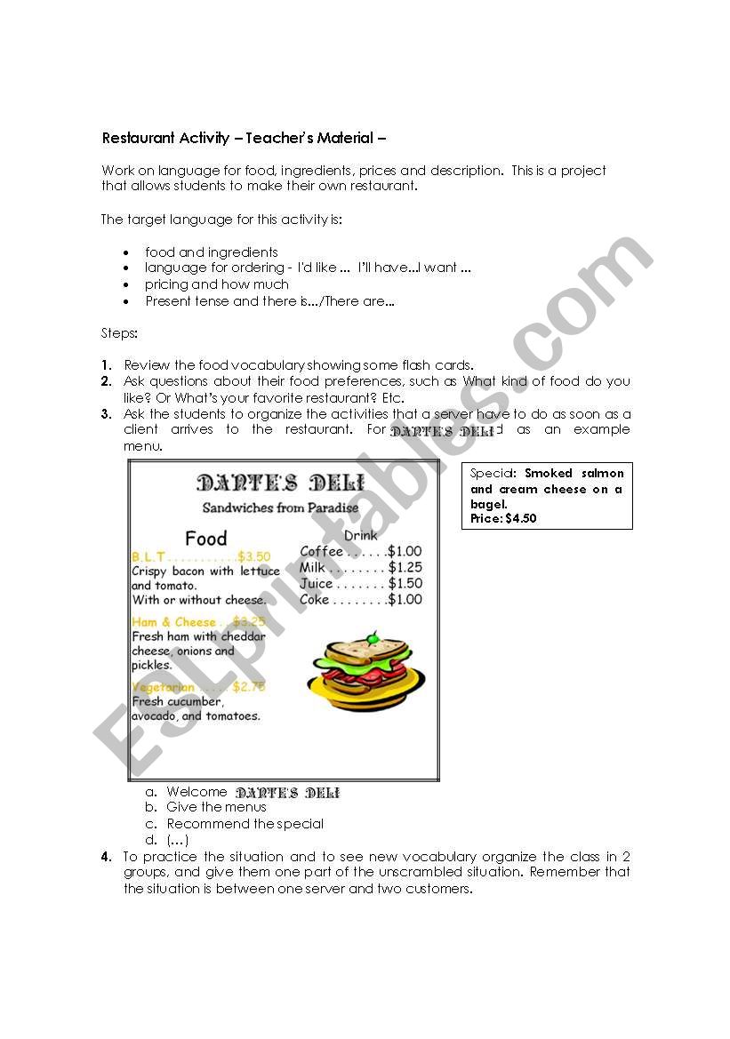 Restaurant Activity 1st Part worksheet